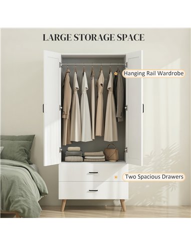 HOMCOM 2-Door Wardrobe, Modern Wardrobe with 2 Drawers and Hanging Rail for Bedroom, White