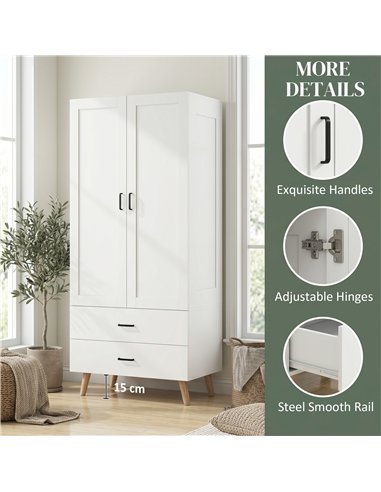 HOMCOM 2-Door Wardrobe, Modern Wardrobe with 2 Drawers and Hanging Rail for Bedroom, White