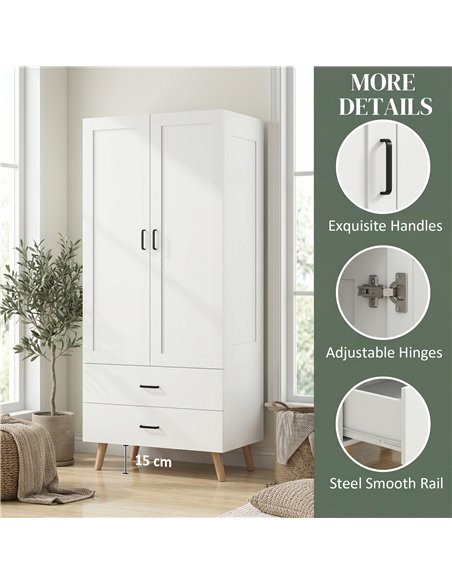 HOMCOM 2-Door Wardrobe, Modern Wardrobe with 2 Drawers and Hanging Rail for Bedroom, White - pic 183205 | FastDaddyshop
