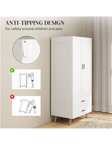 HOMCOM 2-Door Wardrobe, Modern Wardrobe with 2 Drawers and Hanging Rail for Bedroom, White