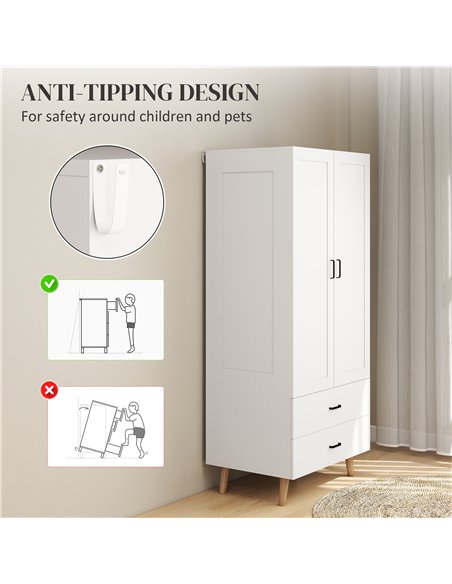 HOMCOM 2-Door Wardrobe, Modern Wardrobe with 2 Drawers and Hanging Rail for Bedroom, White - pic 183206 | FastDaddyshop