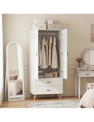 HOMCOM 2-Door Wardrobe, Modern Wardrobe with 2 Drawers and Hanging Rail for Bedroom, White