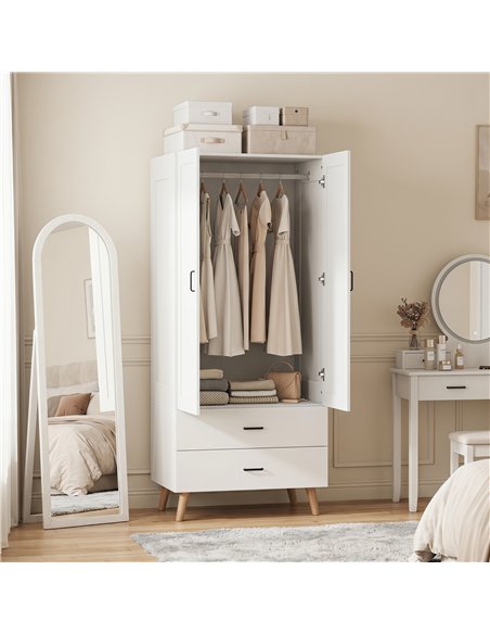 HOMCOM 2-Door Wardrobe, Modern Wardrobe with 2 Drawers and Hanging Rail for Bedroom, White - pic 183207 | FastDaddyshop