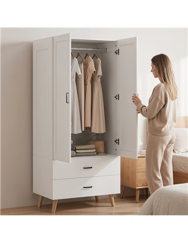 HOMCOM 2-Door Wardrobe, Modern Wardrobe with 2 Drawers and Hanging Rail for Bedroom, White