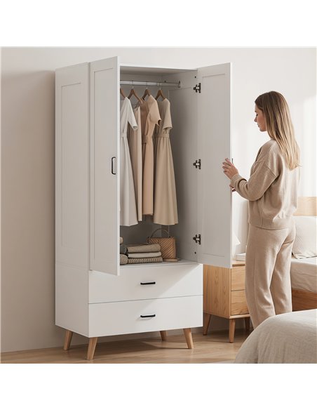 HOMCOM 2-Door Wardrobe, Modern Wardrobe with 2 Drawers and Hanging Rail for Bedroom, White - pic 183208 | FastDaddyshop