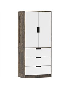 HOMCOM Modern Clothes Storage Cupboard Unit, 3 Drawer 2 Door Wardrobe with Hanging Rod, Rustic Brown
