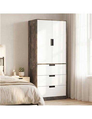 HOMCOM Modern Clothes Storage Cupboard Unit, 3 Drawer 2 Door Wardrobe with Hanging Rod, Rustic Brown