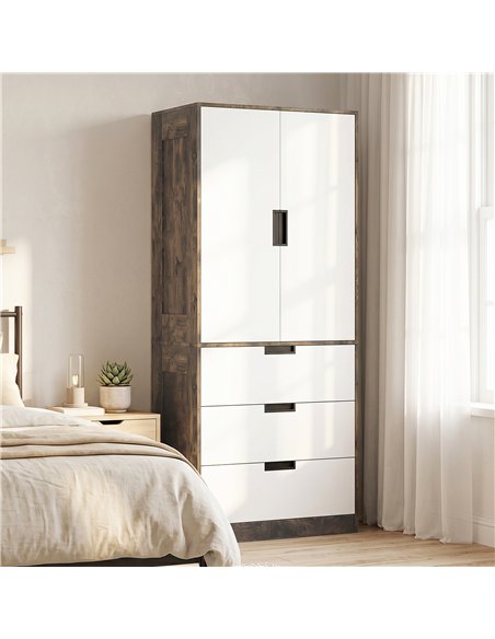 HOMCOM Modern Clothes Storage Cupboard Unit, 3 Drawer 2 Door Wardrobe with Hanging Rod, Rustic Brown - pic 183210 | FastDaddyshop