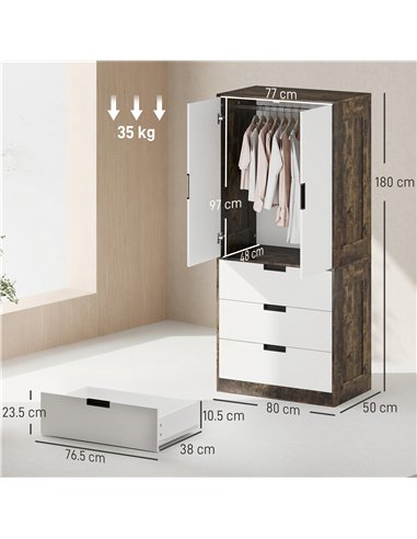 HOMCOM Modern Clothes Storage Cupboard Unit, 3 Drawer 2 Door Wardrobe with Hanging Rod, Rustic Brown