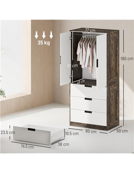 HOMCOM Modern Clothes Storage Cupboard Unit, 3 Drawer 2 Door Wardrobe with Hanging Rod, Rustic Brown - pic 183211 | FastDaddyshop