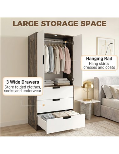 HOMCOM Modern Clothes Storage Cupboard Unit, 3 Drawer 2 Door Wardrobe with Hanging Rod, Rustic Brown