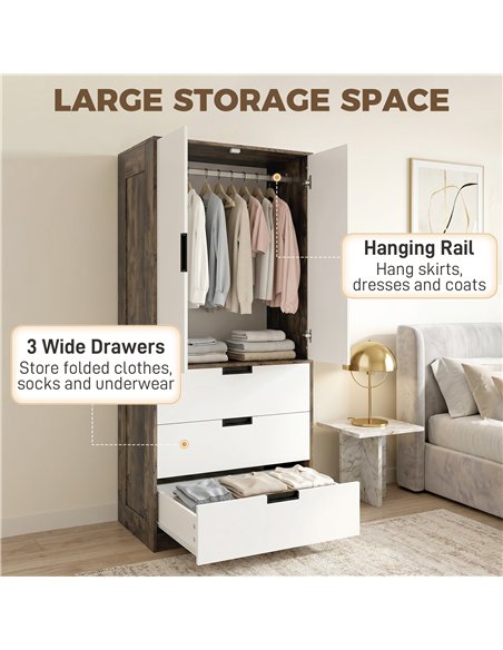 HOMCOM Modern Clothes Storage Cupboard Unit, 3 Drawer 2 Door Wardrobe with Hanging Rod, Rustic Brown - pic 183212 | FastDaddyshop