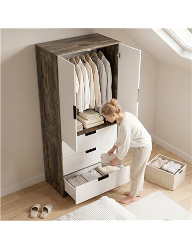 HOMCOM Modern Clothes Storage Cupboard Unit, 3 Drawer 2 Door Wardrobe with Hanging Rod, Rustic Brown