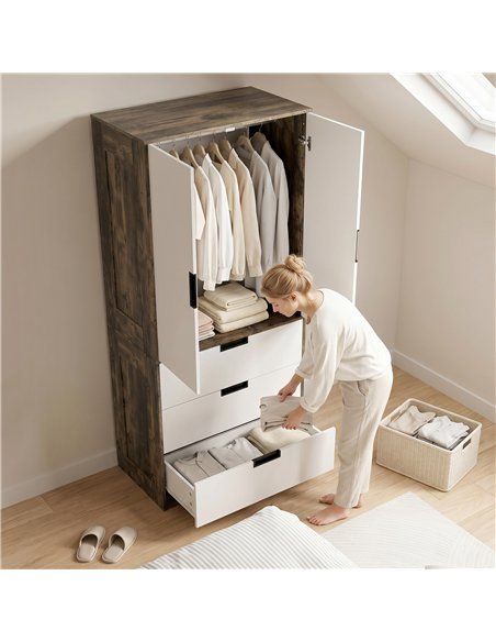HOMCOM Modern Clothes Storage Cupboard Unit, 3 Drawer 2 Door Wardrobe with Hanging Rod, Rustic Brown - pic 183215 | FastDaddyshop