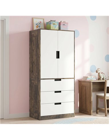HOMCOM Modern Clothes Storage Cupboard Unit, 3 Drawer 2 Door Wardrobe with Hanging Rod, Rustic Brown