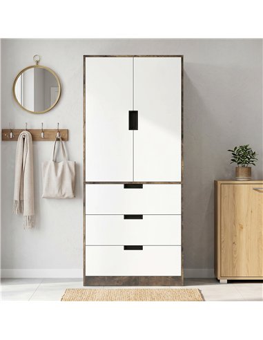 HOMCOM Modern Clothes Storage Cupboard Unit, 3 Drawer 2 Door Wardrobe with Hanging Rod, Rustic Brown
