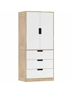 HOMCOM Modern Clothes Storage Cupboard Unit, 3 Drawer 2 Door Wardrobe with Hanging Rod, Oak
