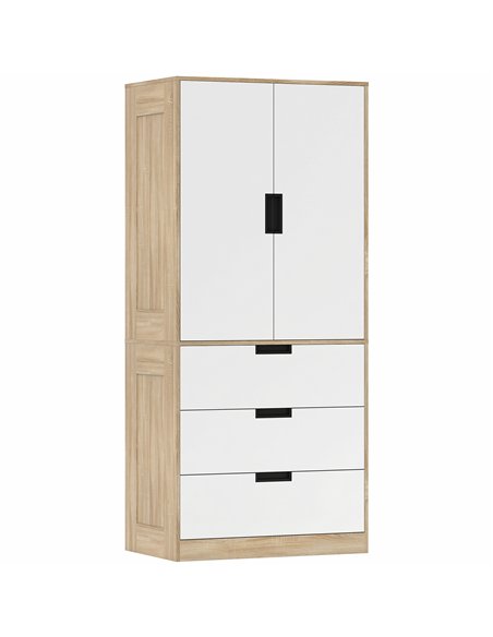 HOMCOM Modern Clothes Storage Cupboard Unit, 3 Drawer 2 Door Wardrobe with Hanging Rod, Oak - pic 183218 | FastDaddyshop