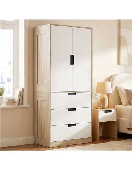 HOMCOM Modern Clothes Storage Cupboard Unit, 3 Drawer 2 Door Wardrobe with Hanging Rod, Oak - pic 183219 | FastDaddyshop