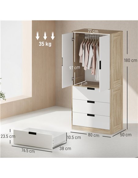 HOMCOM Modern Clothes Storage Cupboard Unit, 3 Drawer 2 Door Wardrobe with Hanging Rod, Oak - pic 183220 | FastDaddyshop