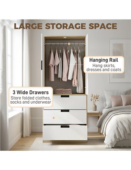 HOMCOM Modern Clothes Storage Cupboard Unit, 3 Drawer 2 Door Wardrobe with Hanging Rod, Oak - pic 183221 | FastDaddyshop