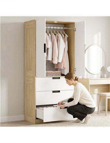 HOMCOM Modern Clothes Storage Cupboard Unit, 3 Drawer 2 Door Wardrobe with Hanging Rod, Oak