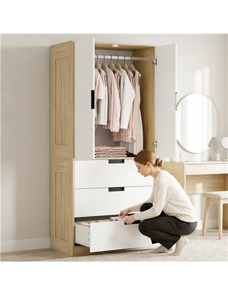 HOMCOM Modern Clothes Storage Cupboard Unit, 3 Drawer 2 Door Wardrobe with Hanging Rod, Oak - pic 183224 | FastDaddyshop