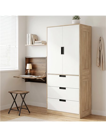 HOMCOM Modern Clothes Storage Cupboard Unit, 3 Drawer 2 Door Wardrobe with Hanging Rod, Oak - pic 183225 | FastDaddyshop