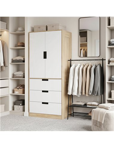 HOMCOM Modern Clothes Storage Cupboard Unit, 3 Drawer 2 Door Wardrobe with Hanging Rod, Oak