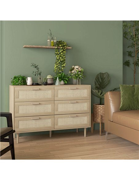 HOMCOM Chest of Drawers, 6-Drawer Dresser, Tall Storage Drawer Unit with Rattan Element for Bedroom, Living Room, Oak - pic 183228 | FastDaddyshop