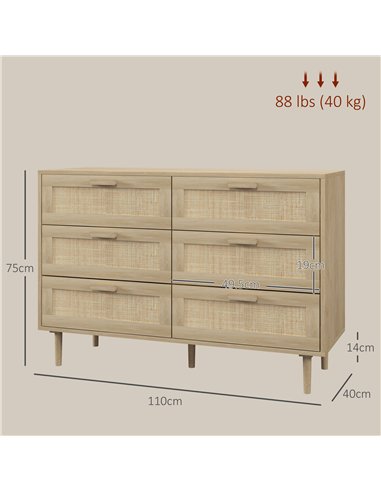 HOMCOM Chest of Drawers, 6-Drawer Dresser, Tall Storage Drawer Unit with Rattan Element for Bedroom, Living Room, Oak