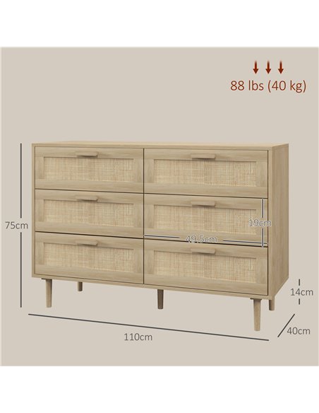 HOMCOM Chest of Drawers, 6-Drawer Dresser, Tall Storage Drawer Unit with Rattan Element for Bedroom, Living Room, Oak - pic 183229 | FastDaddyshop