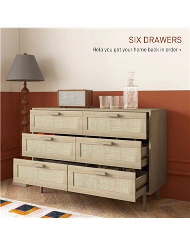 HOMCOM Chest of Drawers, 6-Drawer Dresser, Tall Storage Drawer Unit with Rattan Element for Bedroom, Living Room, Oak