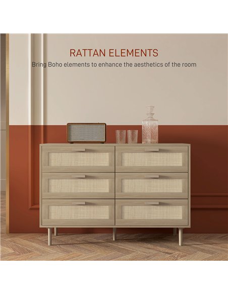 HOMCOM Chest of Drawers, 6-Drawer Dresser, Tall Storage Drawer Unit with Rattan Element for Bedroom, Living Room, Oak - pic 183231 | FastDaddyshop