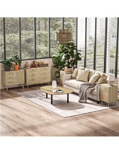 HOMCOM Chest of Drawers, 6-Drawer Dresser, Tall Storage Drawer Unit with Rattan Element for Bedroom, Living Room, Oak