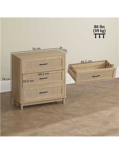HOMCOM 76 cm Wide Drawer Chest of Drawers with 3 Drawer - Oak