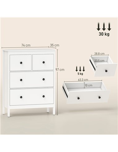 HOMCOM Modern Chest of Drawers, 4 Drawer Dresser Clothes Storage Organiser for Living Room, Hallway, Entryway, White