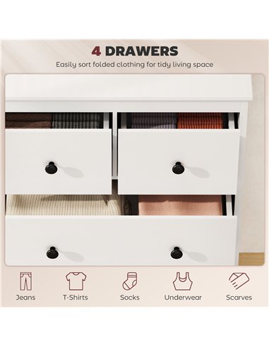 HOMCOM Modern Chest of Drawers, 4 Drawer Dresser Clothes Storage Organiser for Living Room, Hallway, Entryway, White