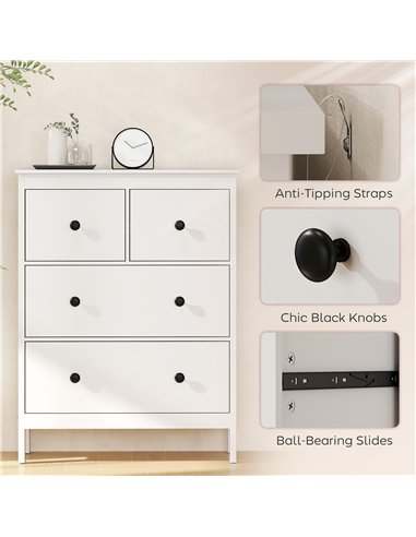 HOMCOM Modern Chest of Drawers, 4 Drawer Dresser Clothes Storage Organiser for Living Room, Hallway, Entryway, White