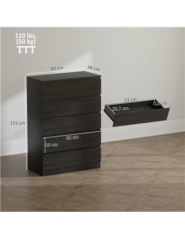 HOMCOM Chest of Drawers, 5 Drawer Dresser, Modern Storage Cabinet with 5 Drawers, for Bedroom, Living Room, Black