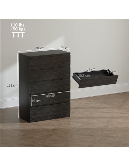 HOMCOM Chest of Drawers, 5 Drawer Dresser, Modern Storage Cabinet with 5 Drawers, for Bedroom, Living Room, Black - pic 183265 | FastDaddyshop