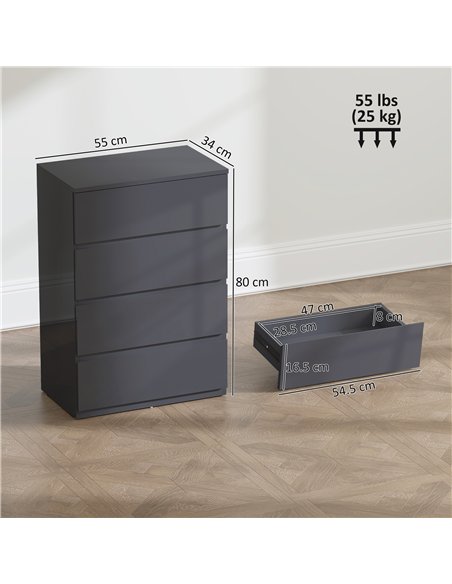 HOMCOM High Gloss Chest of Drawers, 4-Drawer Storage Cabinets, Modern Dresser for Bedroom, Grey - pic 183274 | FastDaddyshop