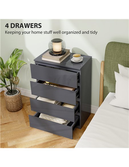HOMCOM High Gloss Chest of Drawers, 4-Drawer Storage Cabinets, Modern Dresser for Bedroom, Grey - pic 183275 | FastDaddyshop
