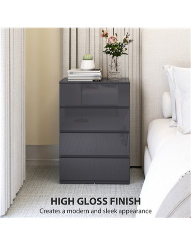 HOMCOM High Gloss Chest of Drawers, 4-Drawer Storage Cabinets, Modern Dresser for Bedroom, Grey
