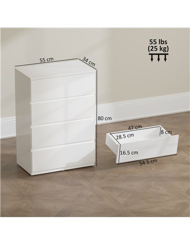 HOMCOM High Gloss Chest of Drawers, 4-Drawer Storage Cabinets, Modern Dresser for Bedroom, White