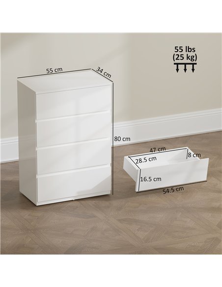 HOMCOM High Gloss Chest of Drawers, 4-Drawer Storage Cabinets, Modern Dresser for Bedroom, White - pic 183301 | FastDaddyshop