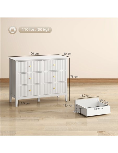 HOMCOM Fluted Dresser, 6 Drawer Chest of Drawers for Bedroom, Living Room, Hallway, Closet, White - pic 183319 | FastDaddyshop