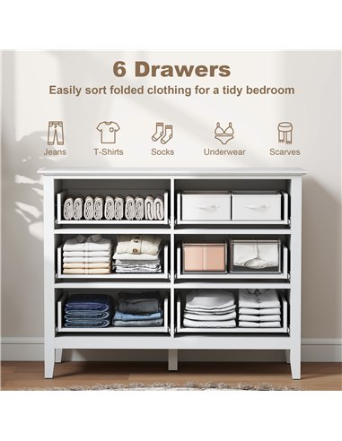 HOMCOM Fluted Dresser, 6 Drawer Chest of Drawers for Bedroom, Living Room, Hallway, Closet, White