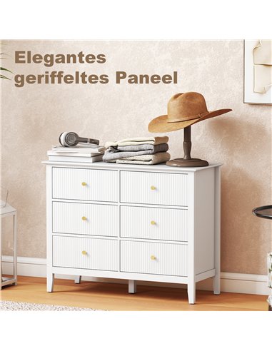 HOMCOM Fluted Dresser, 6 Drawer Chest of Drawers for Bedroom, Living Room, Hallway, Closet, White