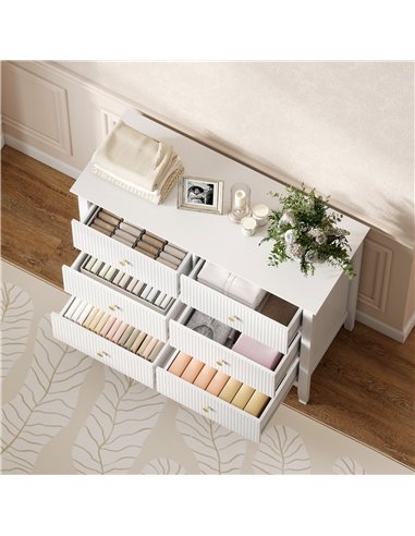 HOMCOM Fluted Dresser, 6 Drawer Chest of Drawers for Bedroom, Living Room, Hallway, Closet, White